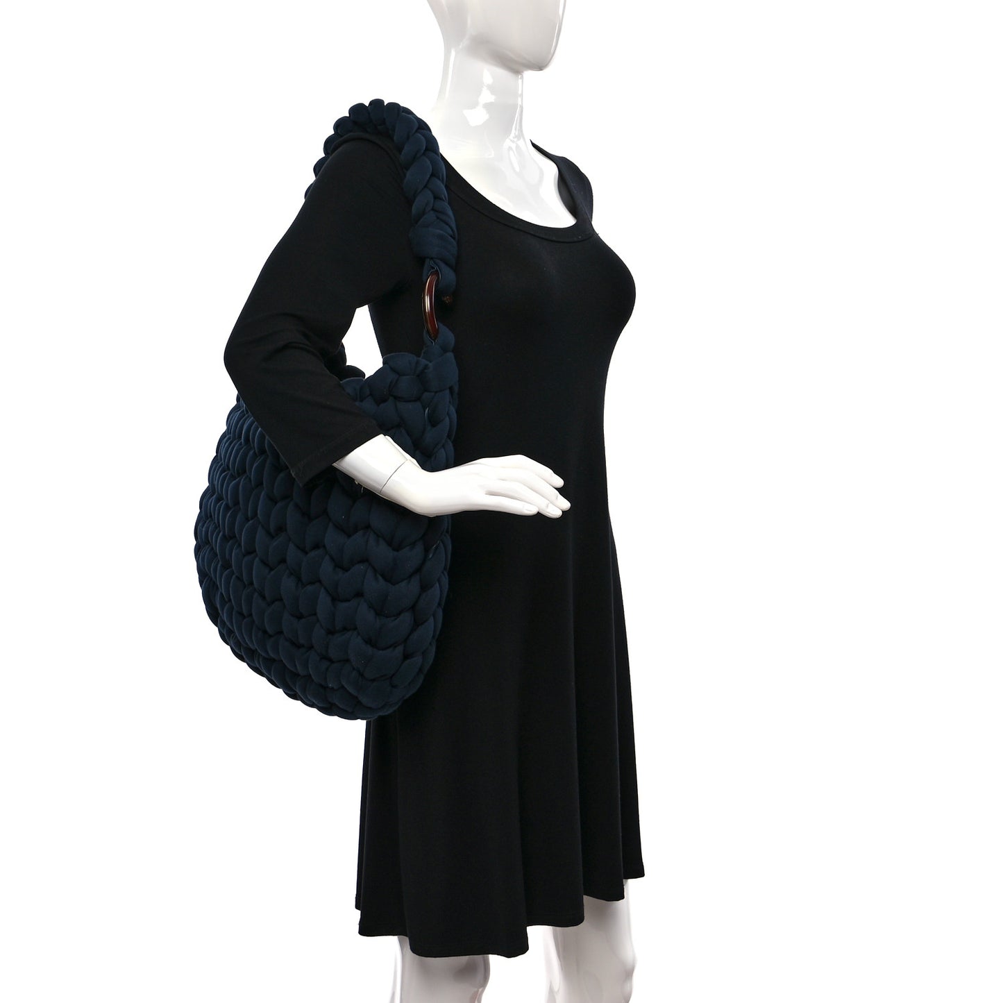 Jersey Woven Wooden C Shoulder Bag Navy