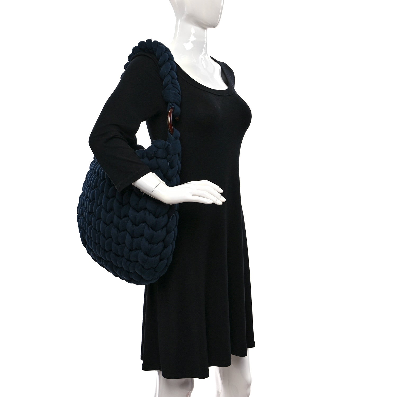 Chloe Jersey Woven Wooden C Shoulder Bag Navy 3 of 9