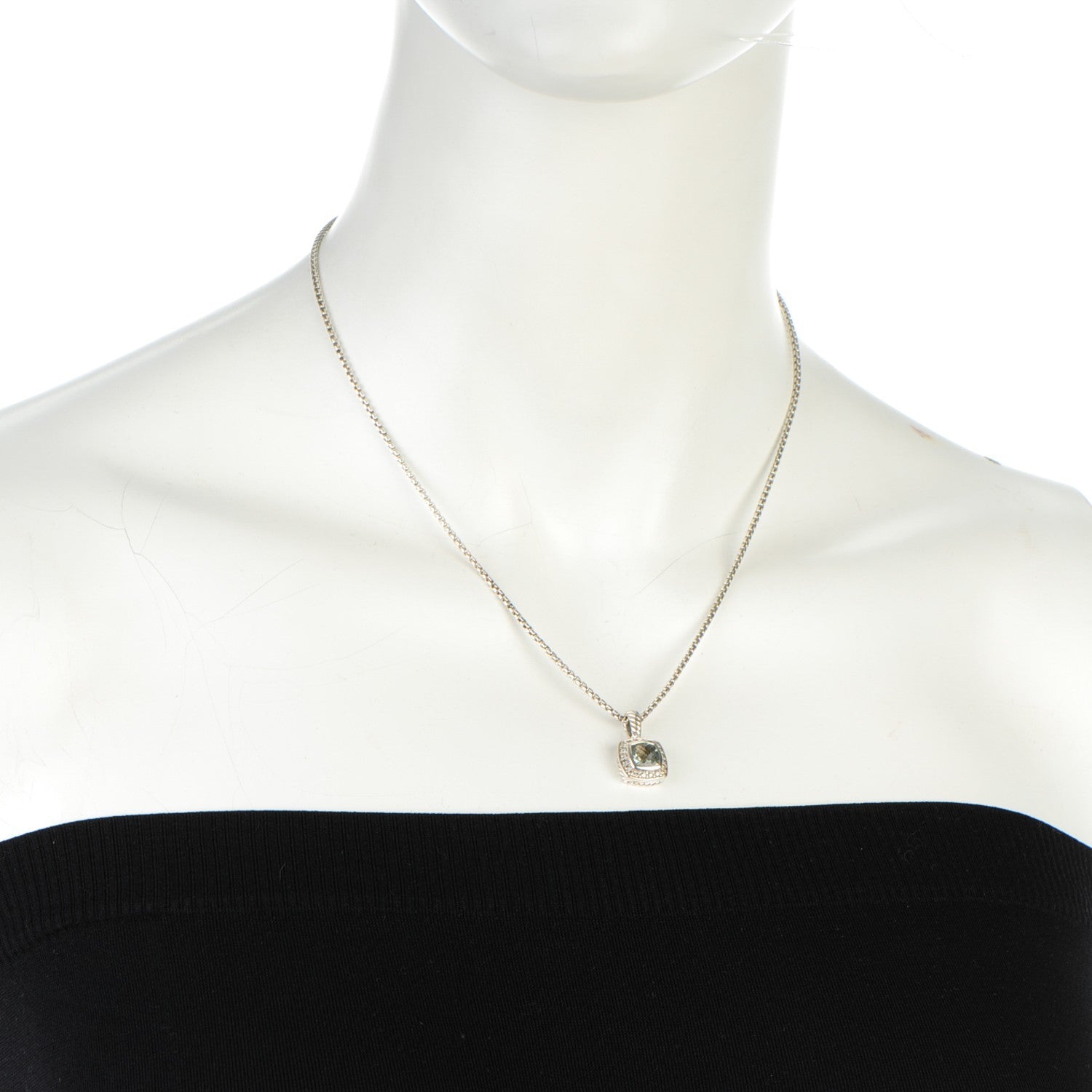 David Yurman Sterling Silver Diamond Prasiolite 7mm Petite Albion Pendant Necklace 2 of 6