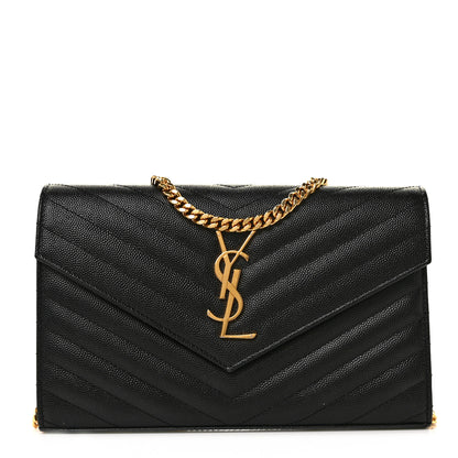 Saint Laurent Grain De Poudre Matelasse Chevron Monogram Chain Wallet Black 1 of 8