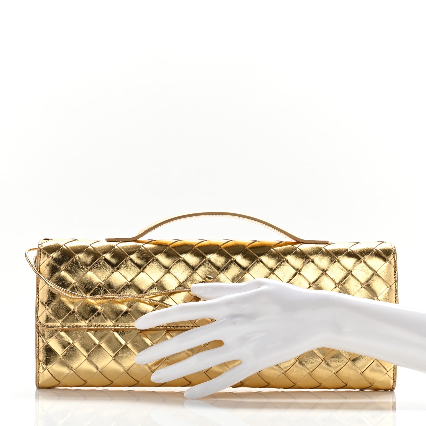 Metallic Lambskin Intrecciato Long Andiamo Top Handle Clutch Gold