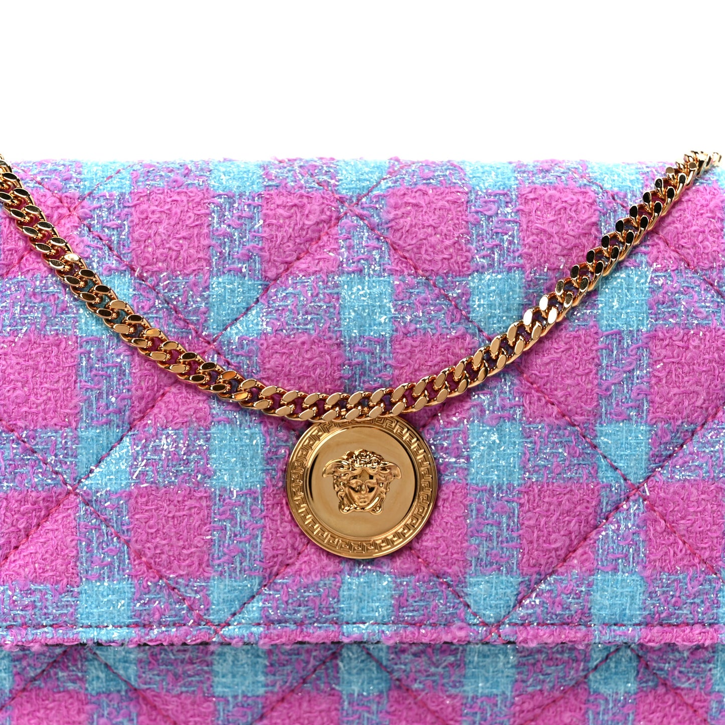 Tweed Quilted Medusa Wallet on Chain Crossbody Pink Blue