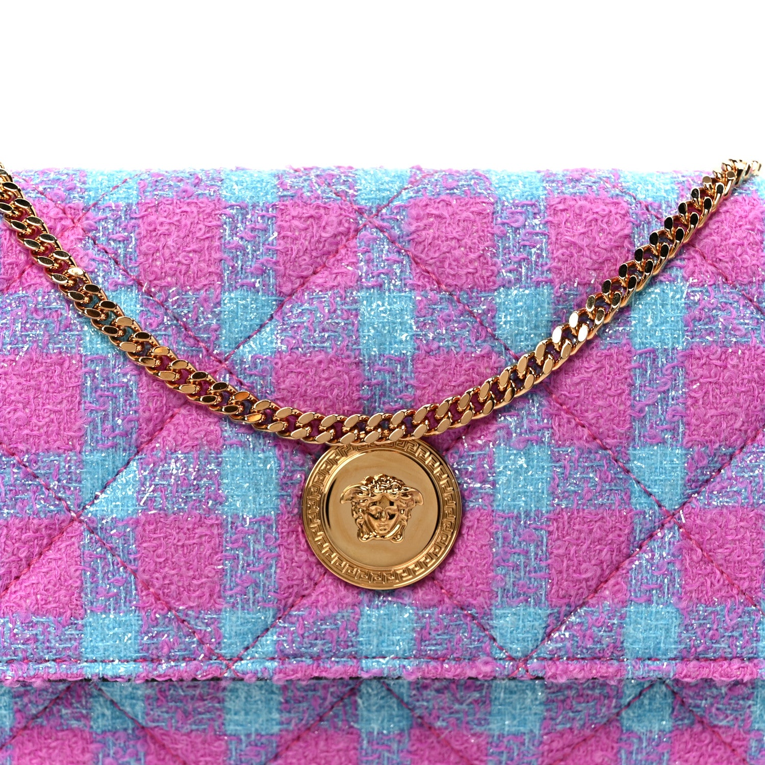 Versace Tweed Quilted Medusa Wallet on Chain Crossbody Pink Blue 9 of 11