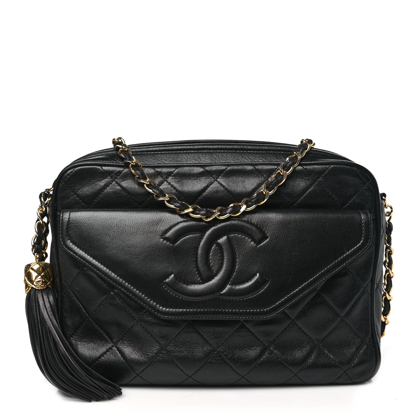 Lambskin Quilted Tassel Camera Case Black