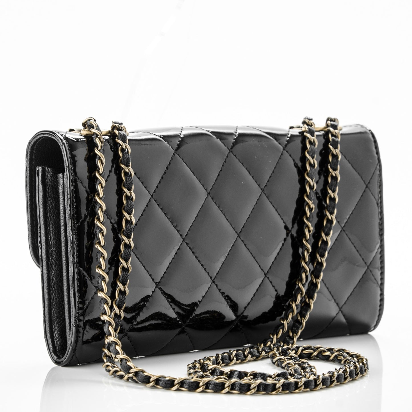 Patent Goatskin Quilted Small CC Eyelet Wallet On Chain WOC Black