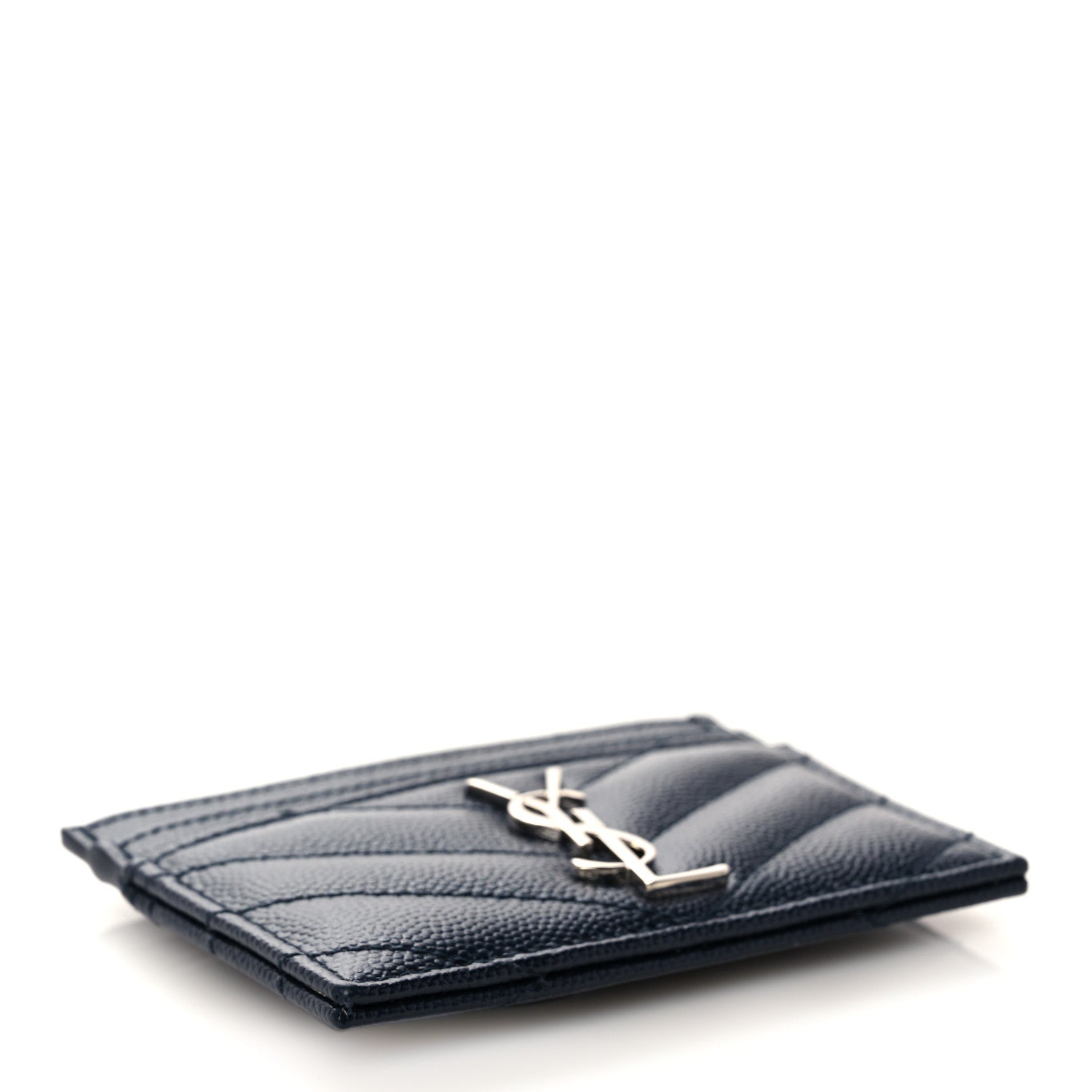 Saint Laurent Grain De Poudre Matelasse Monogram Chevron Credit Card Case Deep Marine 4 of 9
