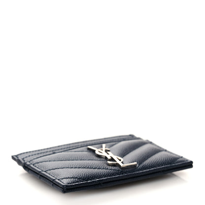 Saint Laurent Grain De Poudre Matelasse Monogram Chevron Credit Card Case Deep Marine 4 of 9