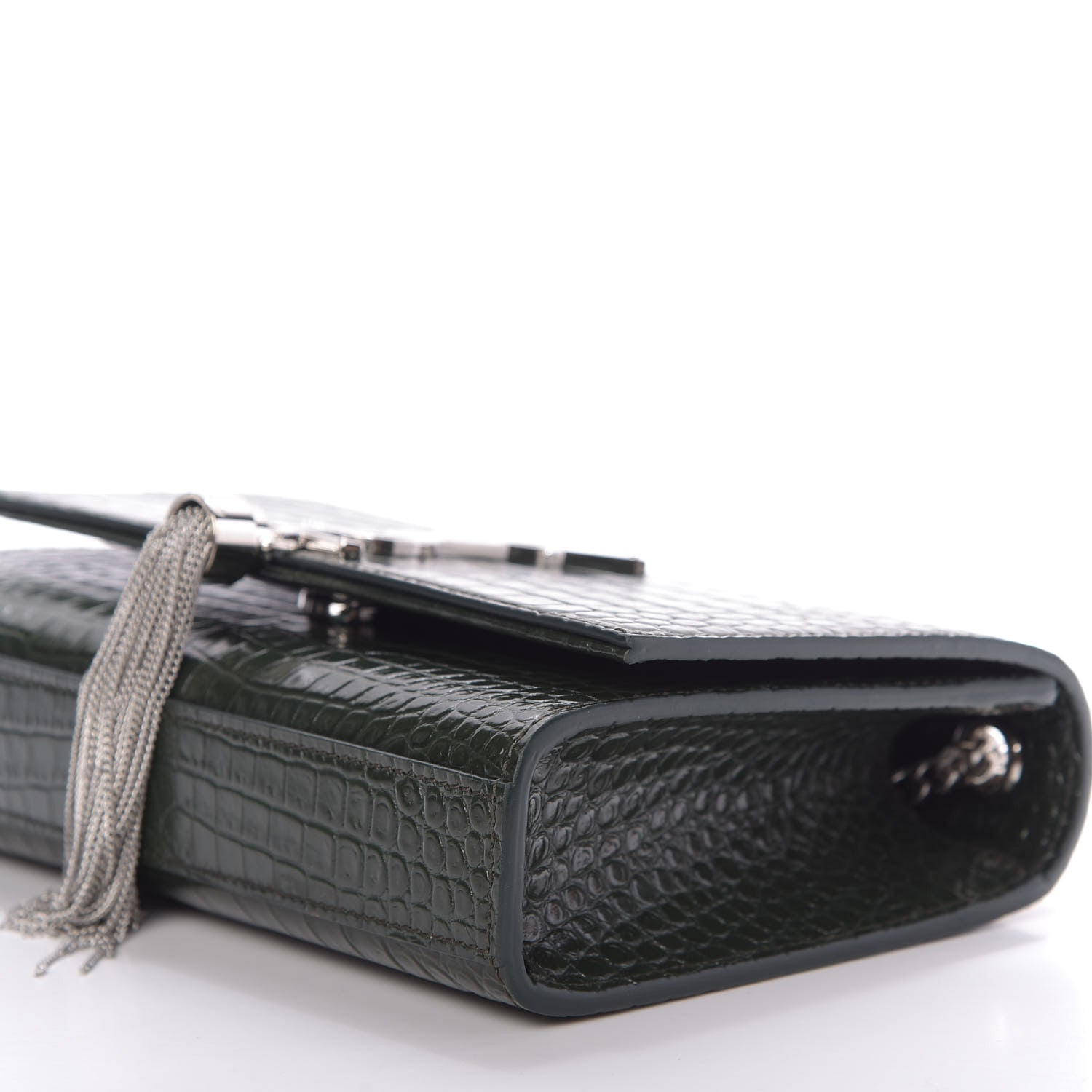 Saint Laurent Calfskin Crocodile Embossed Small Classic Monogram Kate Tassel Satchel Dark Green 7 of 8