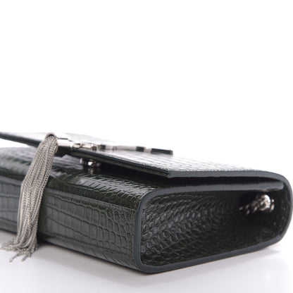 Saint Laurent Calfskin Crocodile Embossed Small Classic Monogram Kate Tassel Satchel Dark Green 7 of 8
