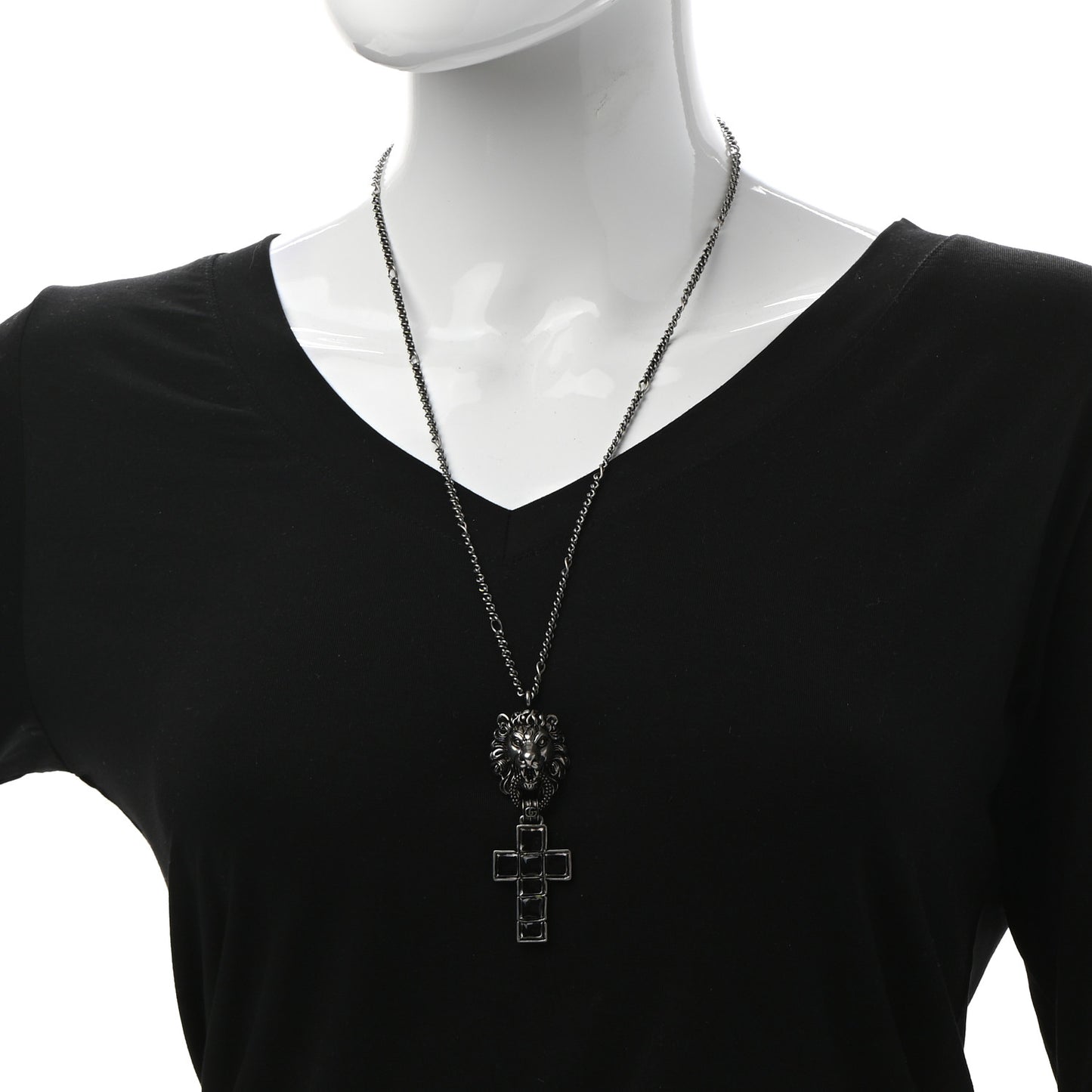 Enamel Brass Lion Head Crucifix Necklace Black