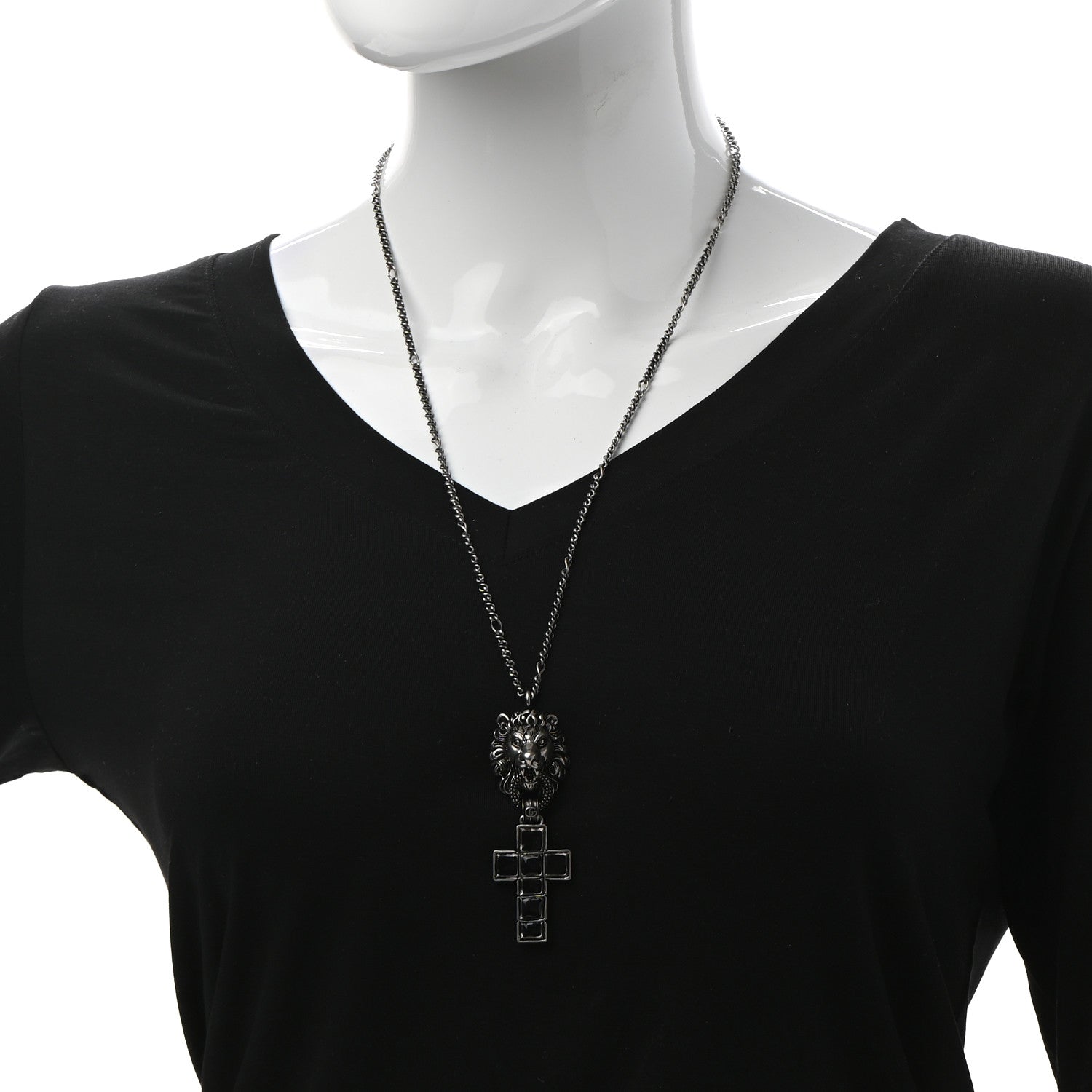 Gucci Enamel Brass Lion Head Crucifix Necklace Black 2 of 8