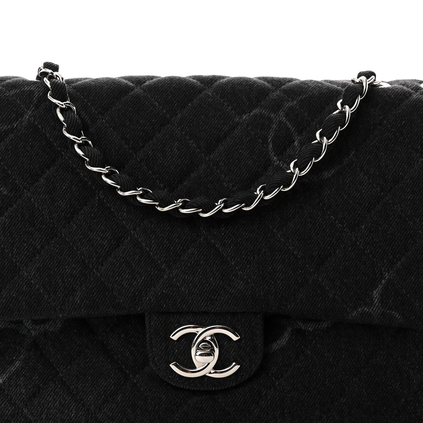 Denim Quilted CC Print Jumbo Single Flap Black