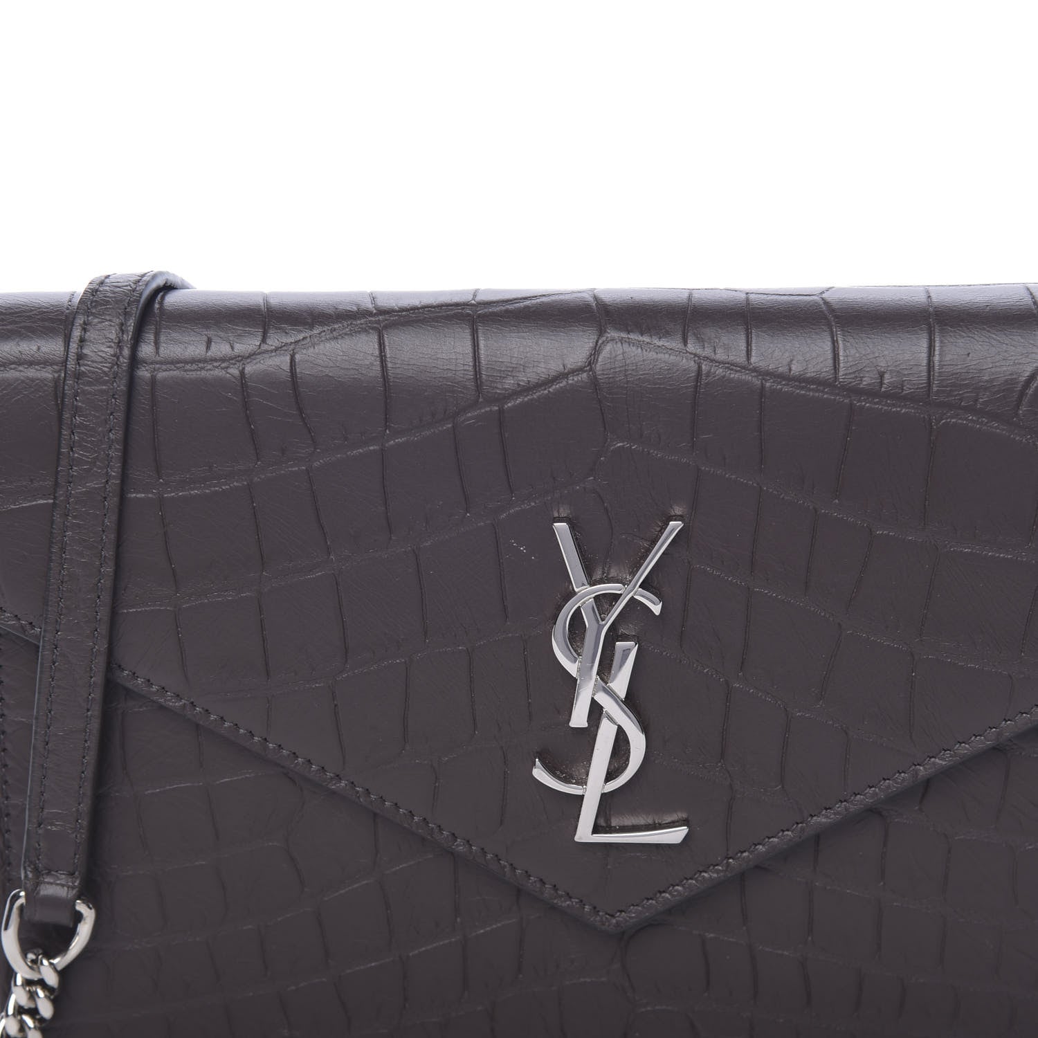Saint Laurent Calfskin Crocodile Embossed Monogram Chain Wallet Dark Anthracite 10 of 11