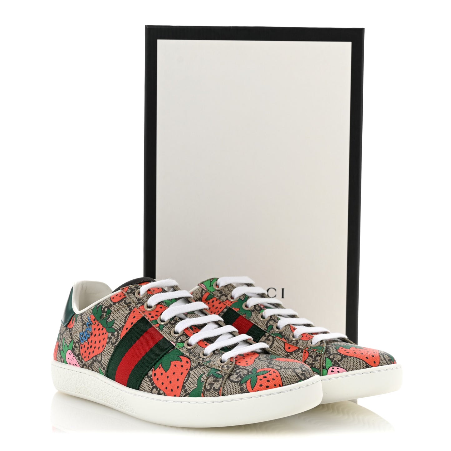 GG Supreme Monogram Strawberry Web Womens Ace Sneakers 36.5 Beige Multicolor Red Green