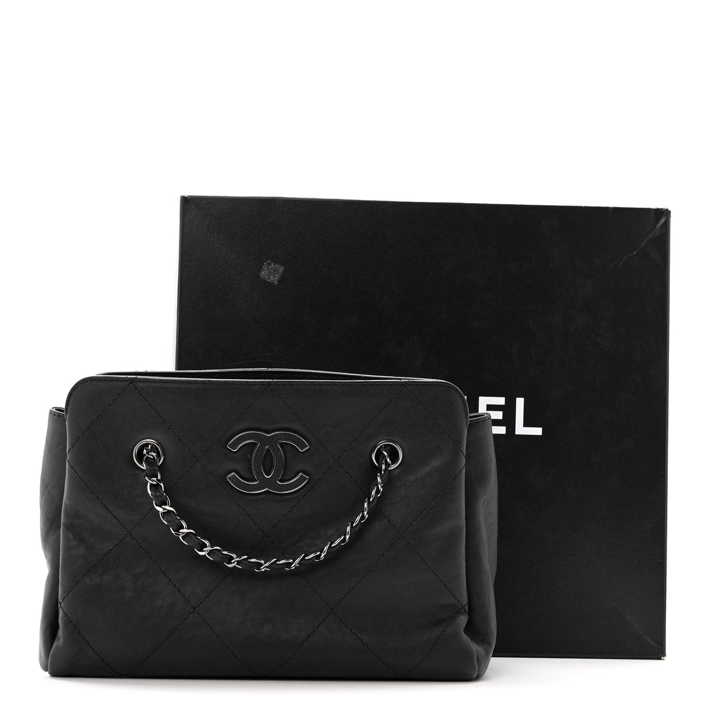 Washed Calfskin Diamond Stitch Hamptons Shopping Tote Black