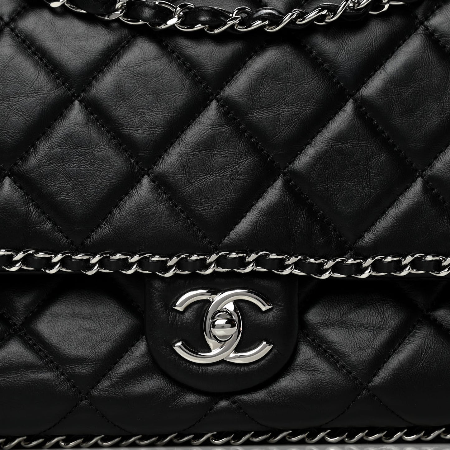Crumpled Calfskin Quilted Large Chain All Over Flap Bag Black