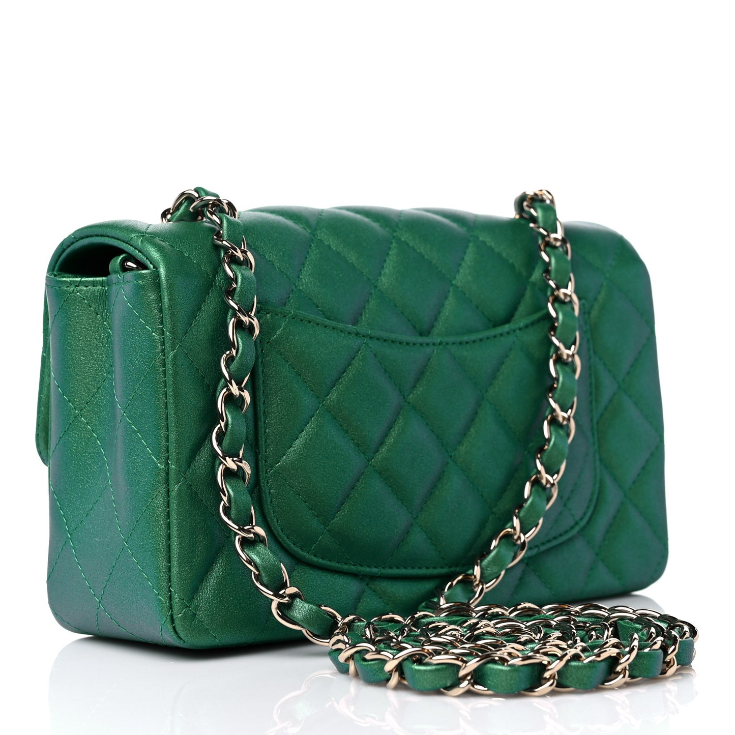 Iridescent Calfskin Quilted Mini Rectangular Flap Green