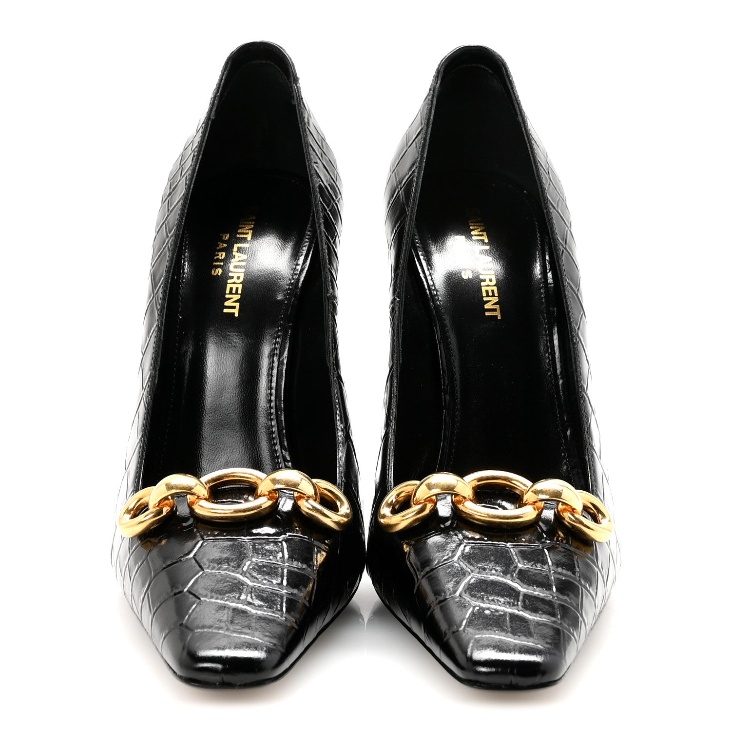 Saint Laurent Calfskin Crocodile Embossed Silvana 110mm Pumps 39.5 Black 3 of 10