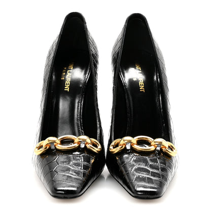 Saint Laurent Calfskin Crocodile Embossed Silvana 110mm Pumps 39.5 Black 3 of 10