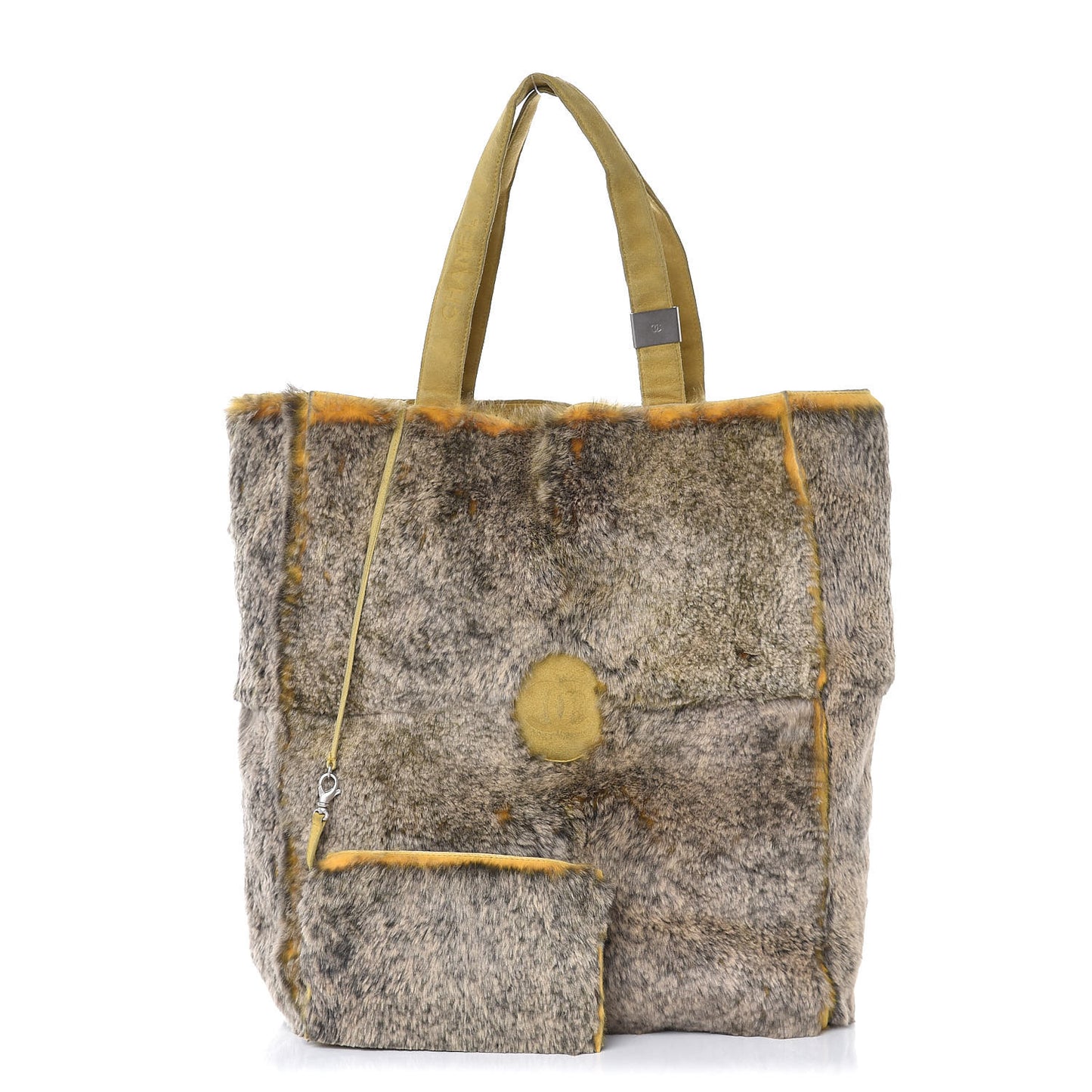Suede Rabbit Fur Tote with Cosmetic Pouch Yellow