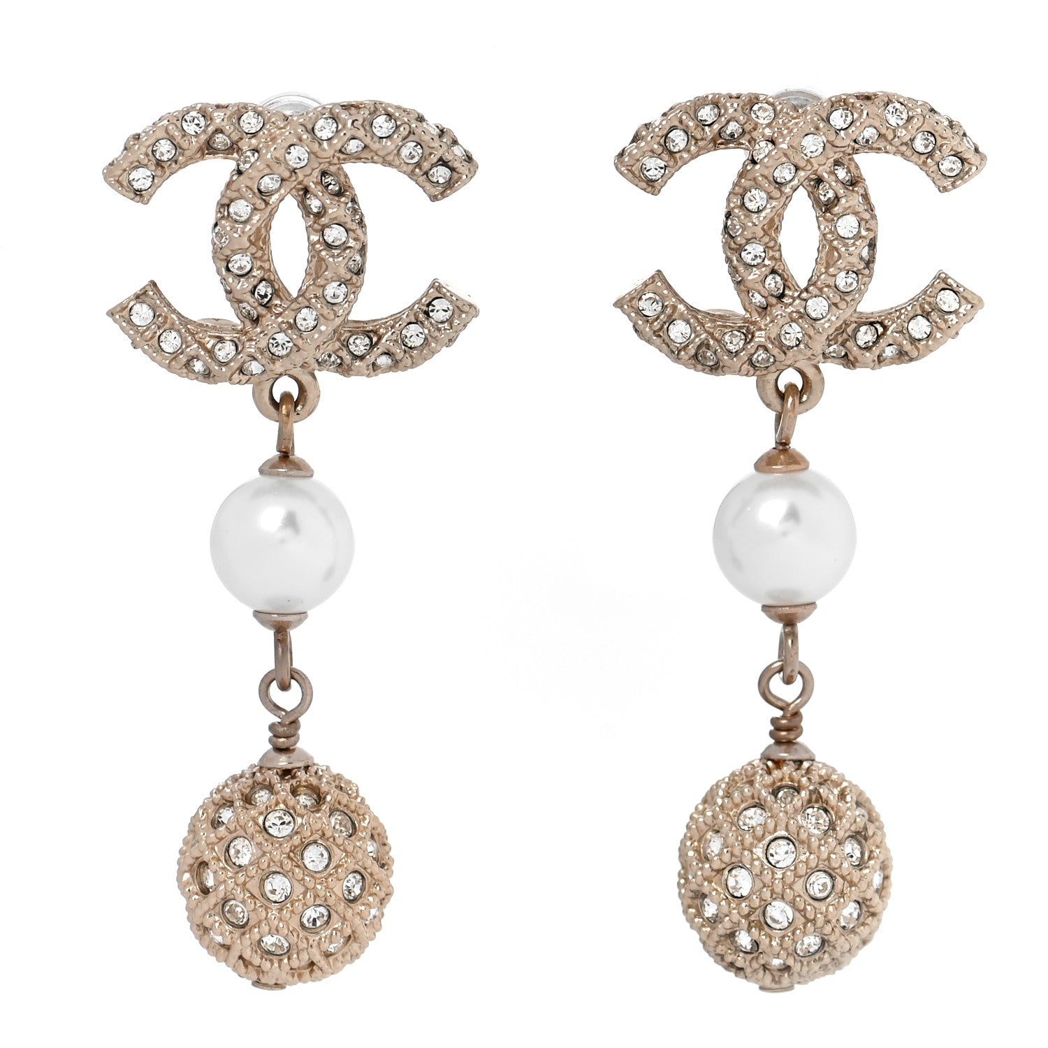 Chanel Pearl Crystal CC Drop Earrings Gold 1 of 5