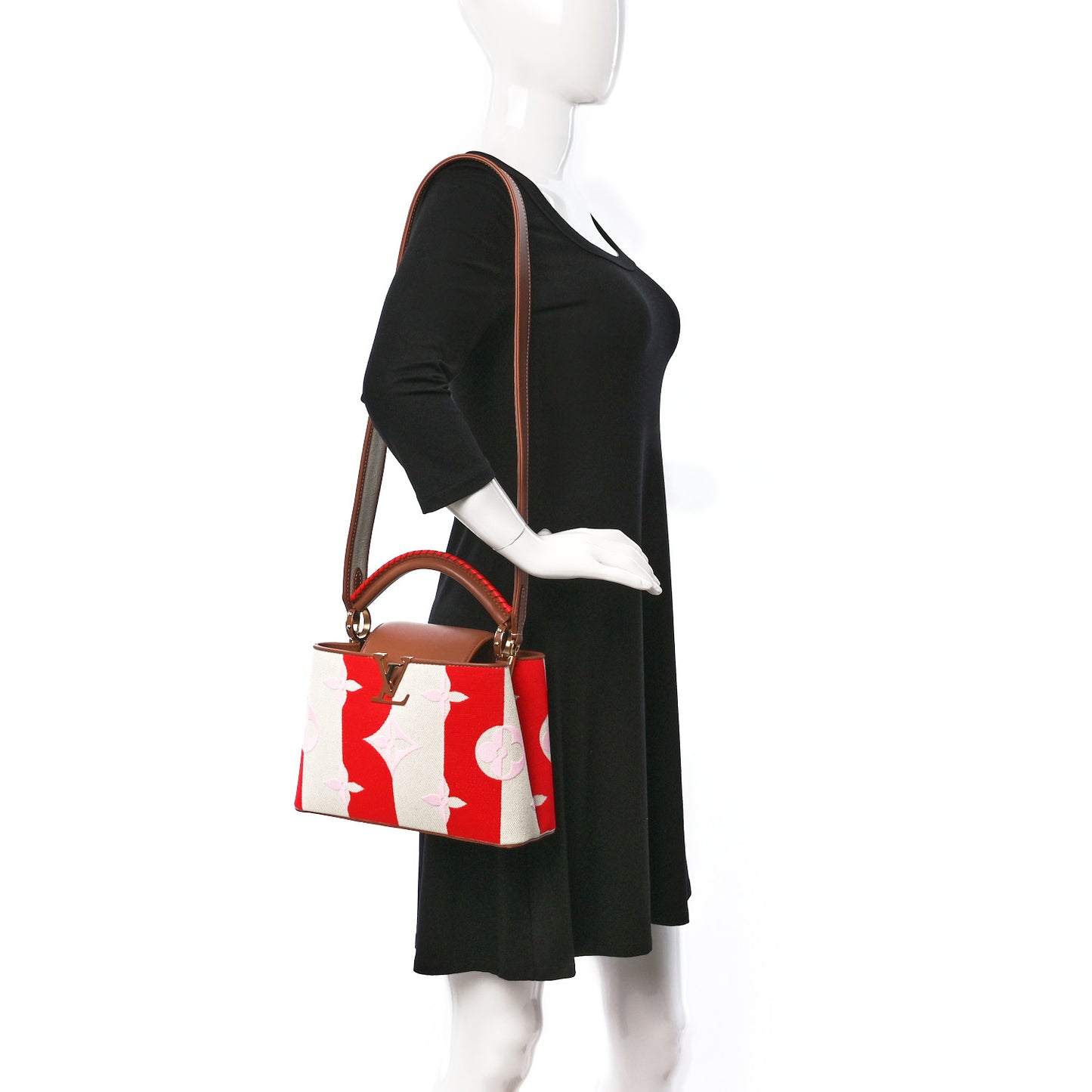 Canvas Calfskin Embroidered Braided Monogram Capucines BB Red