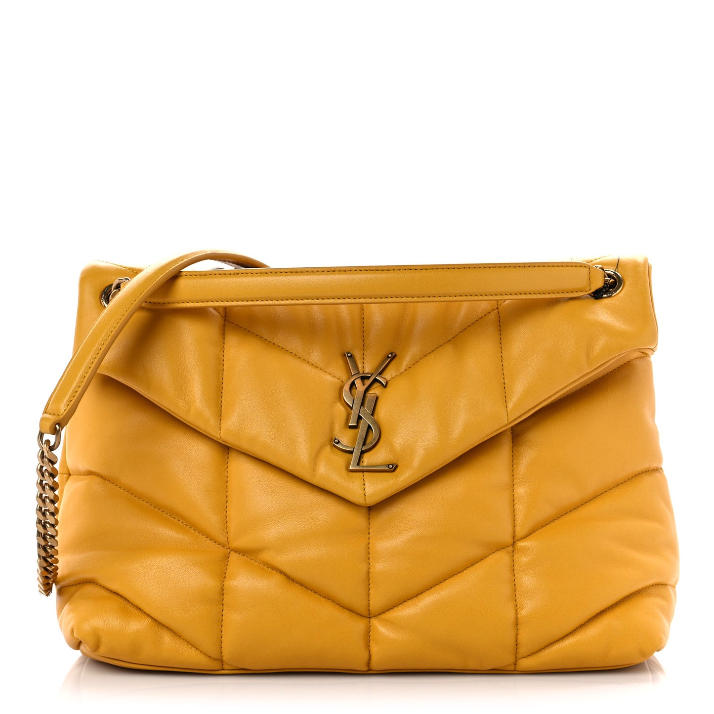 Lambskin Quilted Medium Loulou Puffer Monogram Chain Satchel Saffran
