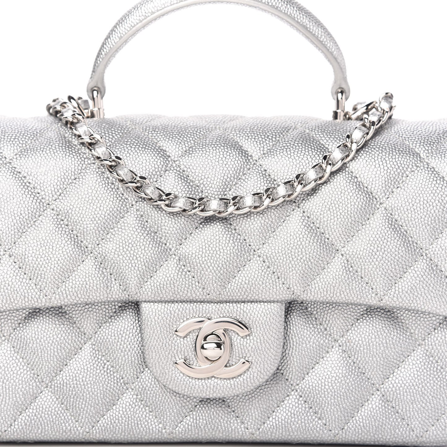 Metallic Caviar Quilted Mini Top Handle Rectangular Flap Silver