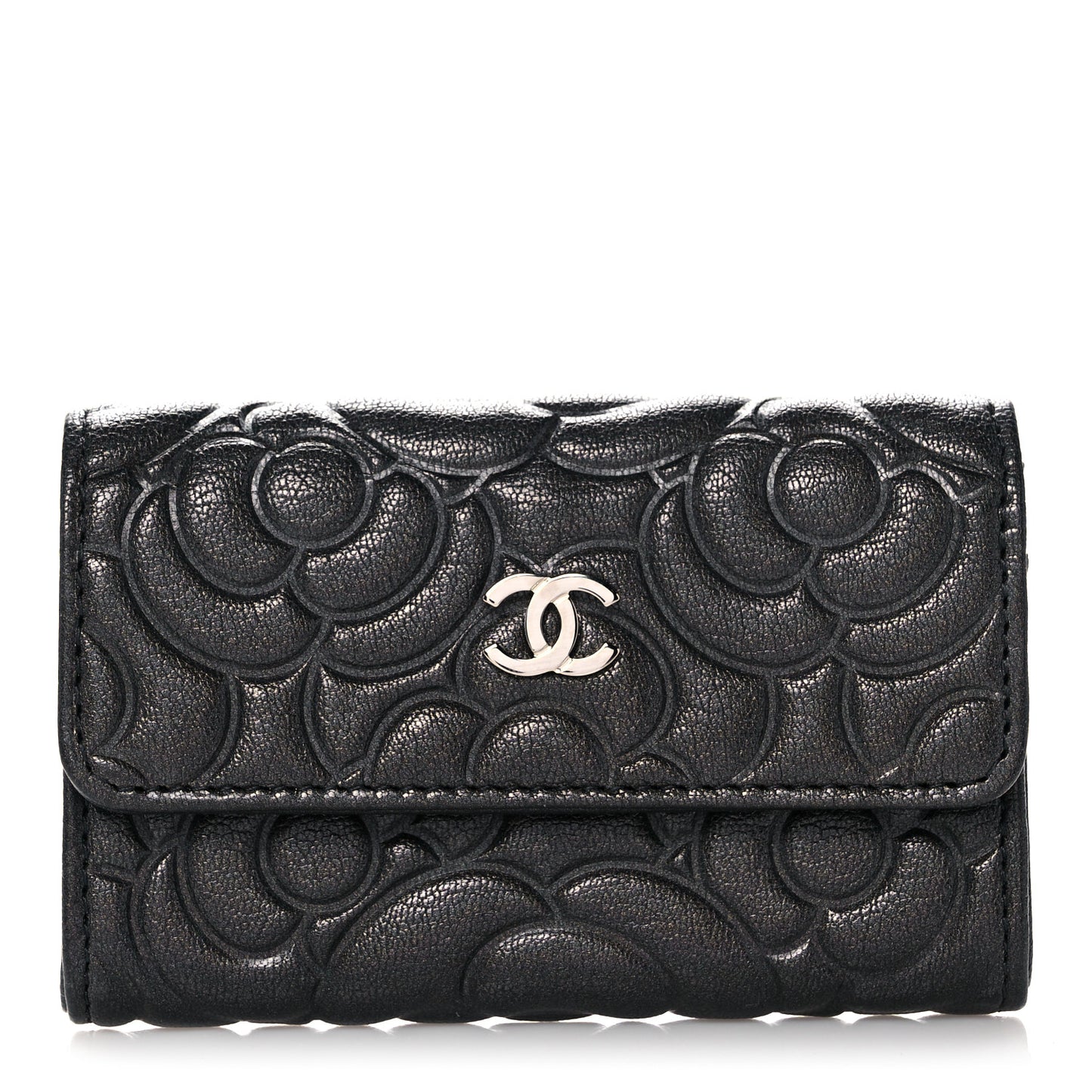 Goatskin Camellia Embossed Flap Card Holder Wallet Grey