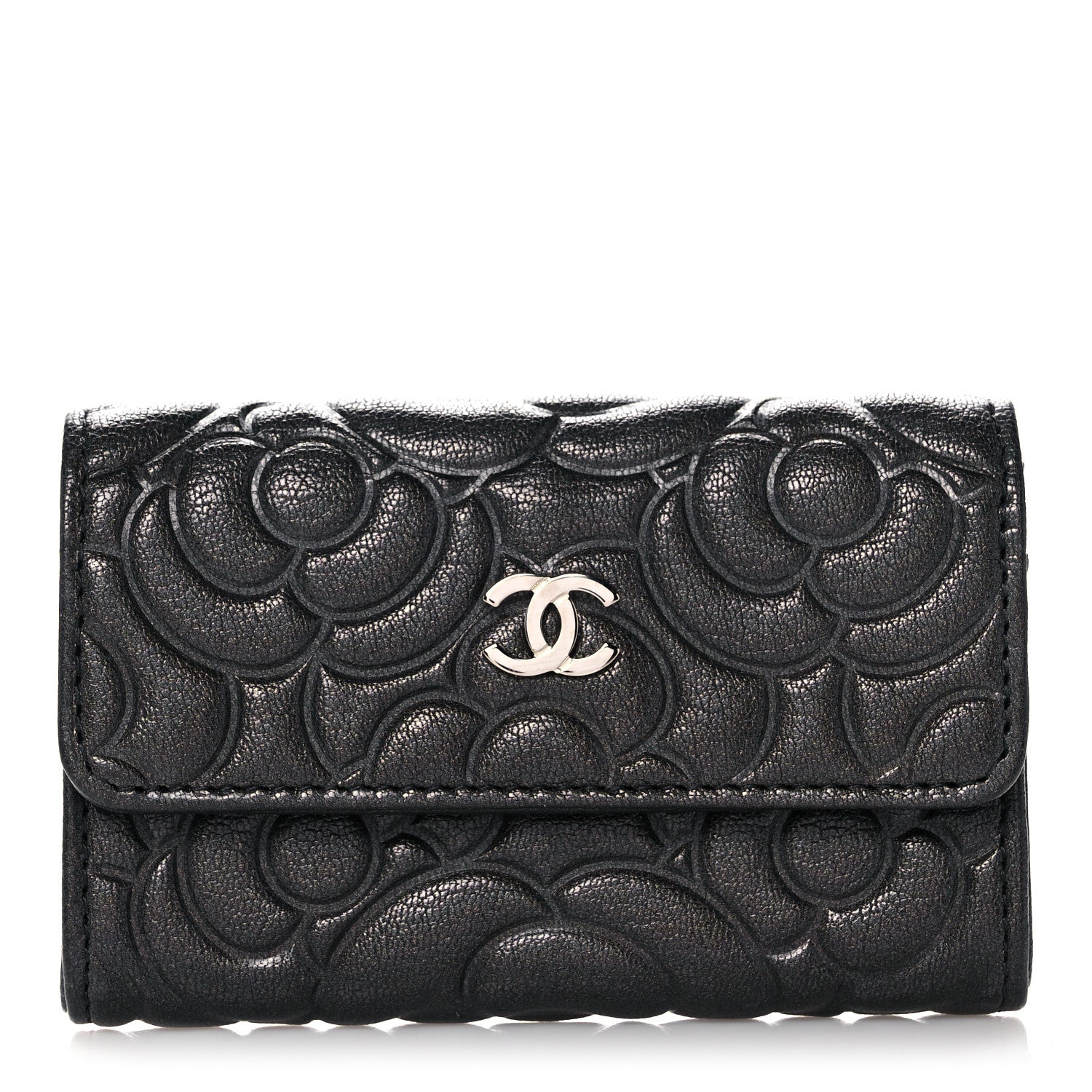 Chanel Goatskin Camellia Embossed Flap Card Holder Wallet Grey 1 of 9