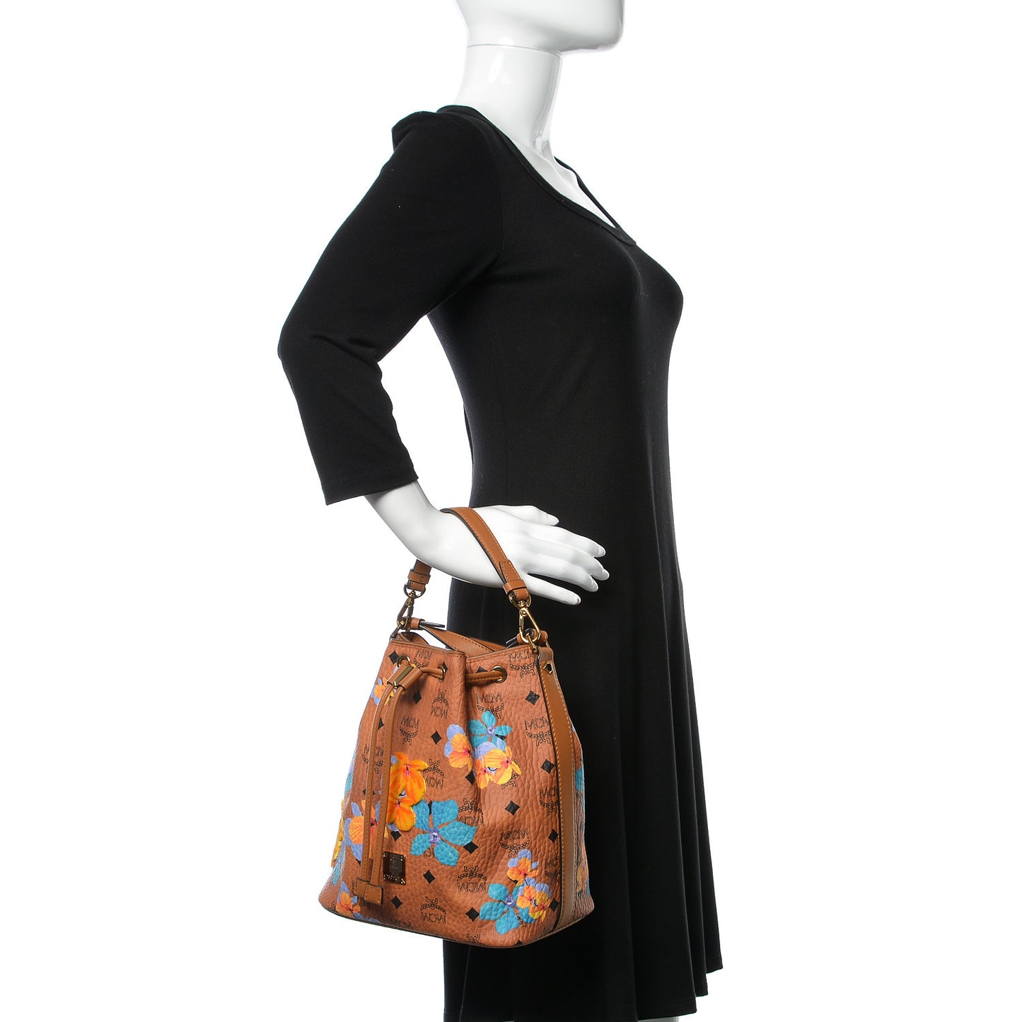 Visetos Floral Print Small Drawstring Bucket Bag Cognac
