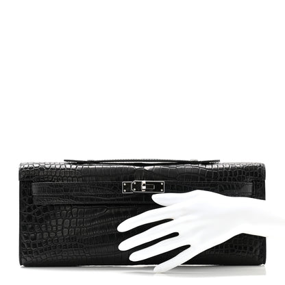 Hermes Matte Porosus Crocodile Kelly Cut Pochette Black 2 of 9