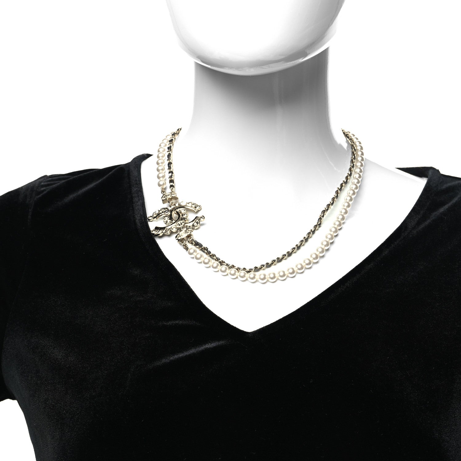 Chanel Pearl Crystal Baguette Lambskin CC Double Strand Necklace Gold Black 3 of 5
