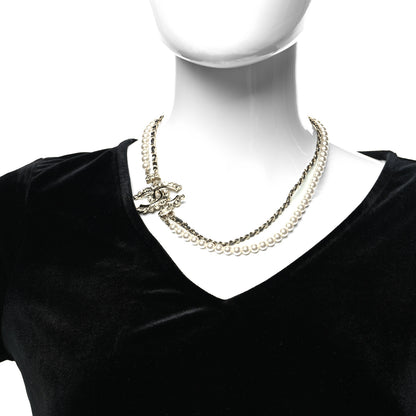 Chanel Pearl Crystal Baguette Lambskin CC Double Strand Necklace Gold Black 3 of 5