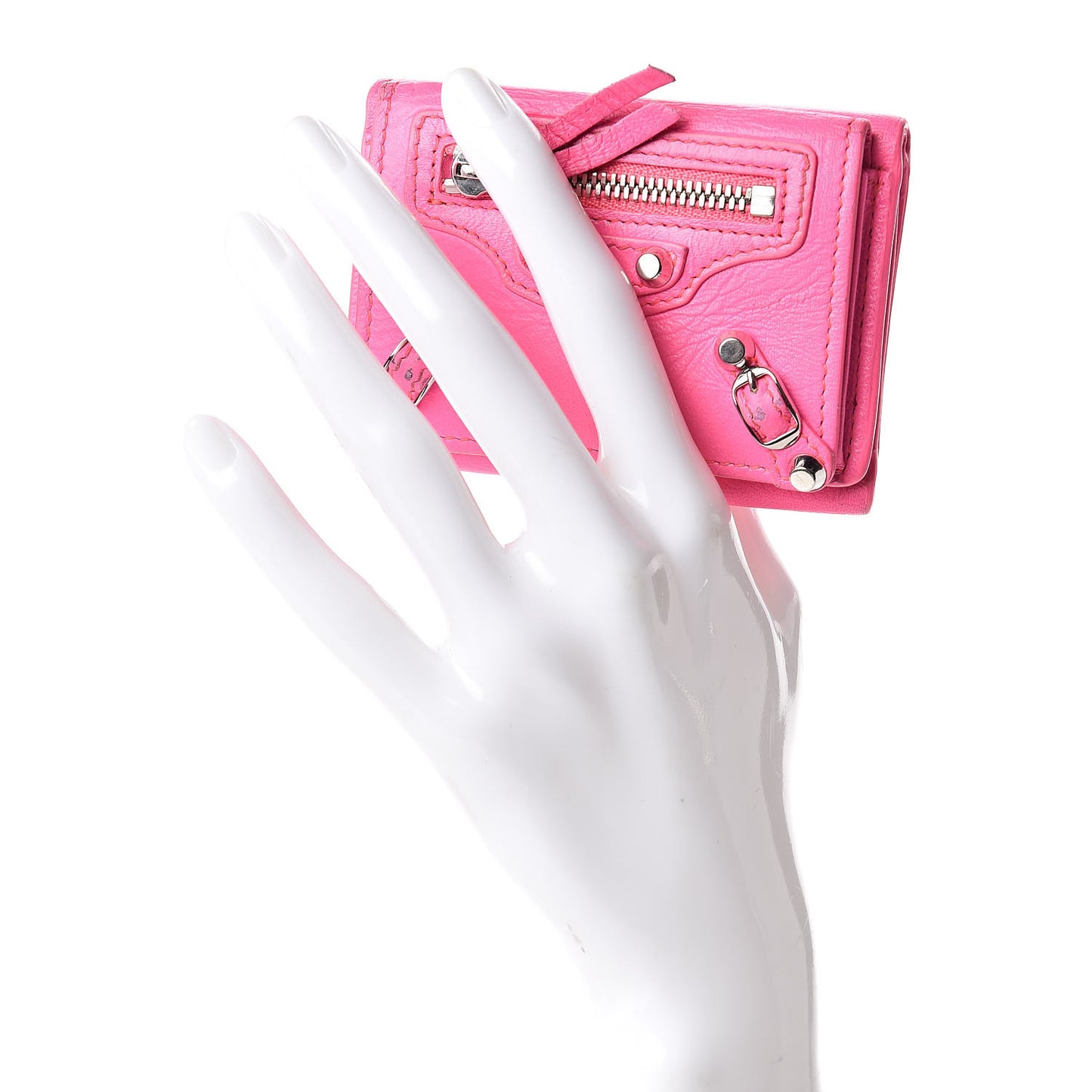 Agneau Arena Classic Hardware Mini Wallet Rose Fluo