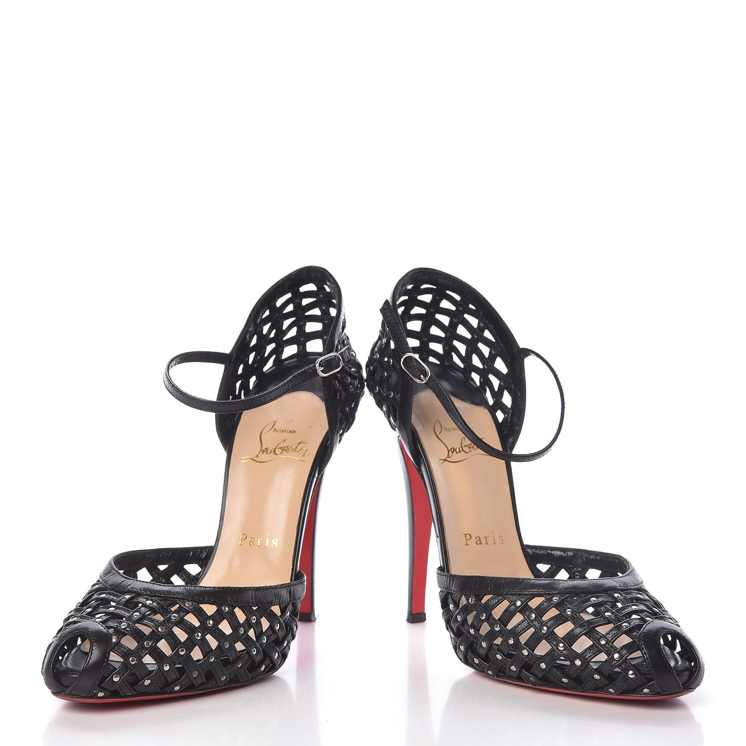 Christian Louboutin Shiny Nappa Studded Woven 120 Platform Peep Toe Pumps 38.5 Black 12 of 12