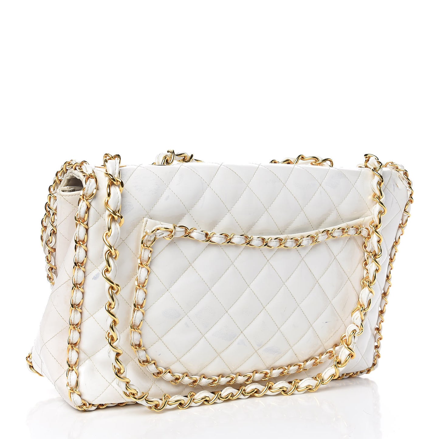 Patent Quilted Jumbo XL Chain Around Flap White