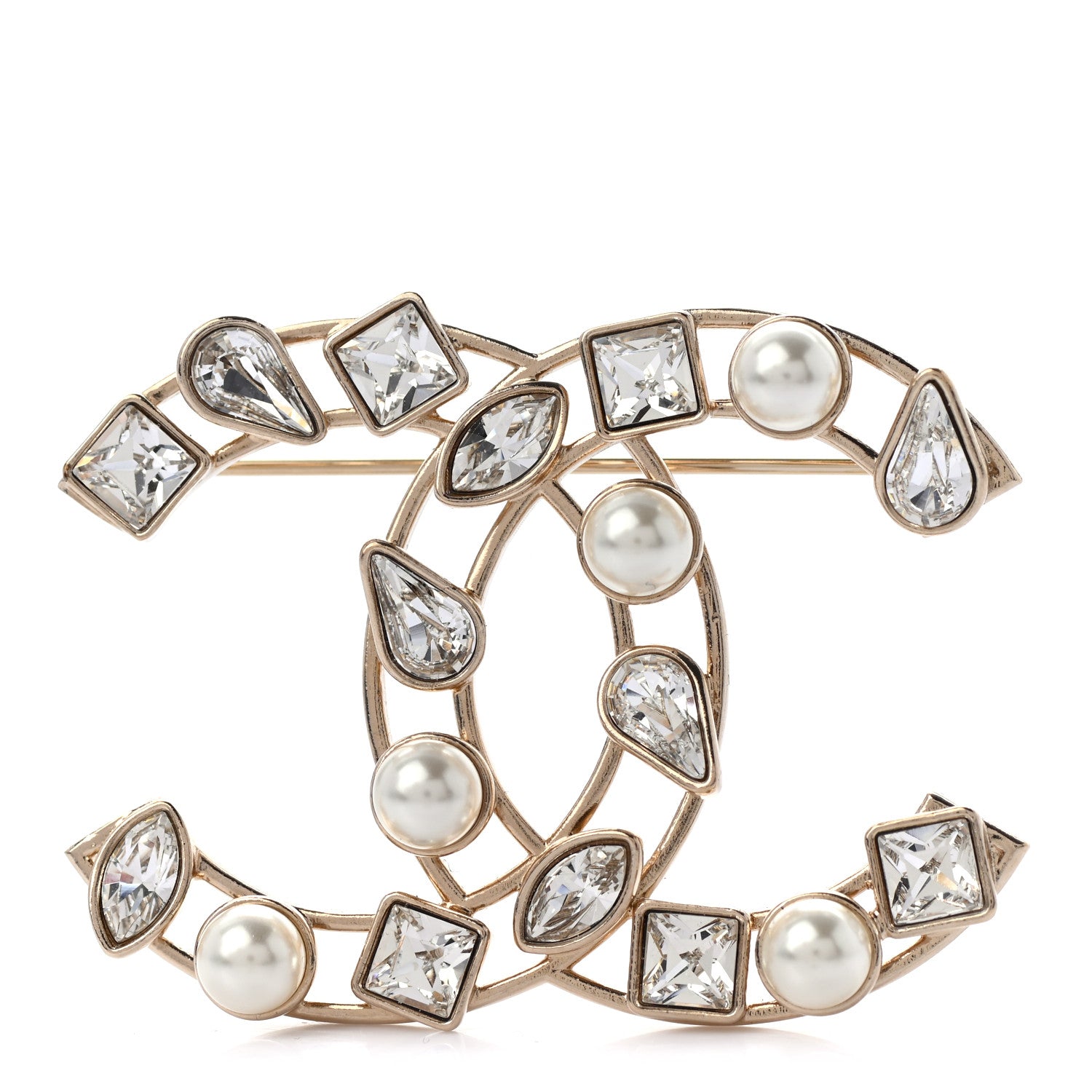 Chanel Metal Glass Pearl CC Crystal Snowfall Brooch Gold 1 of 4