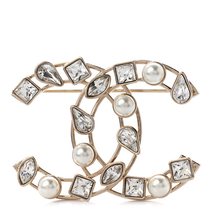Chanel Metal Glass Pearl CC Crystal Snowfall Brooch Gold 1 of 4