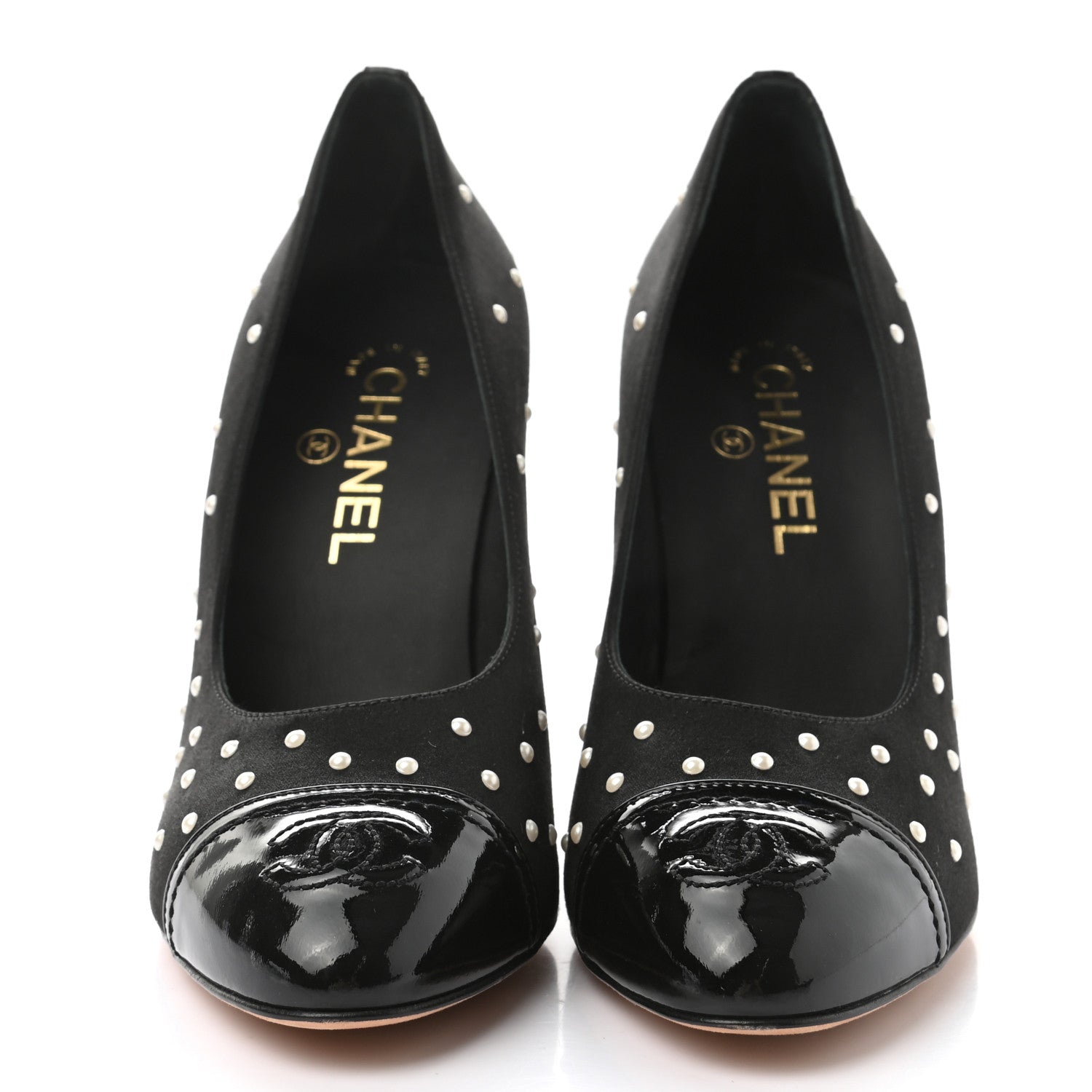Chanel Satin Pearl Patent Cap Toe Pumps 38 Black 2 of 8