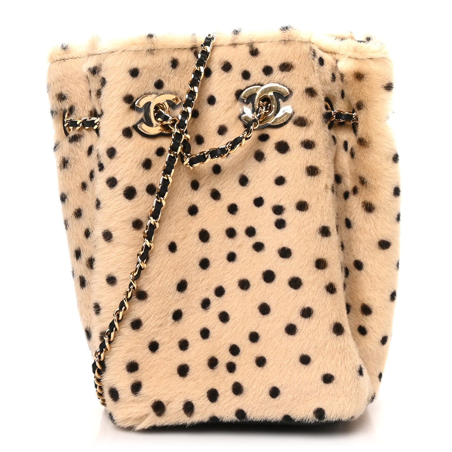 Pony Hair Cheetah Printed CC Chain Bucket Bag Light Beige Black
