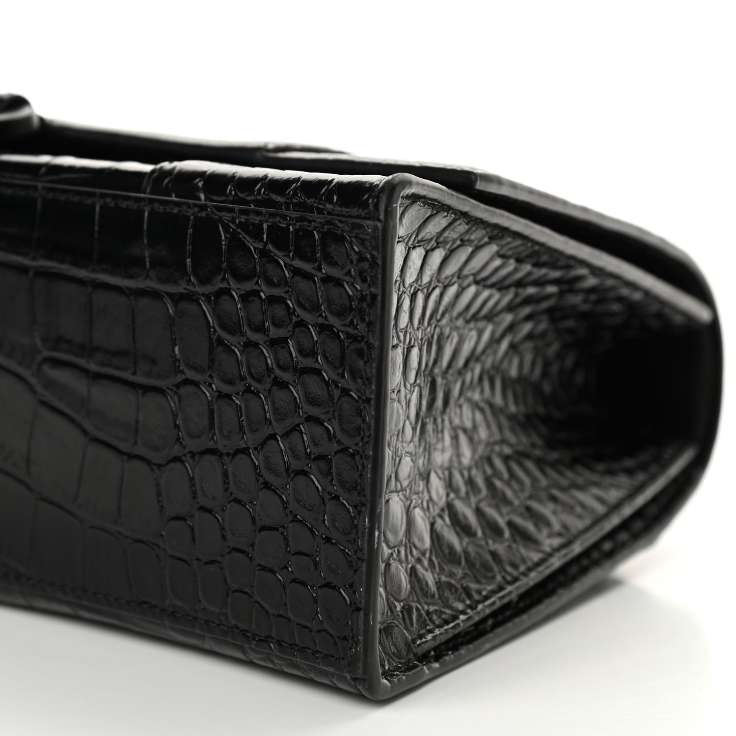 Shiny Calfskin Monochrome Crocodile Embossed Medium Hourglass Top Handle Bag Black