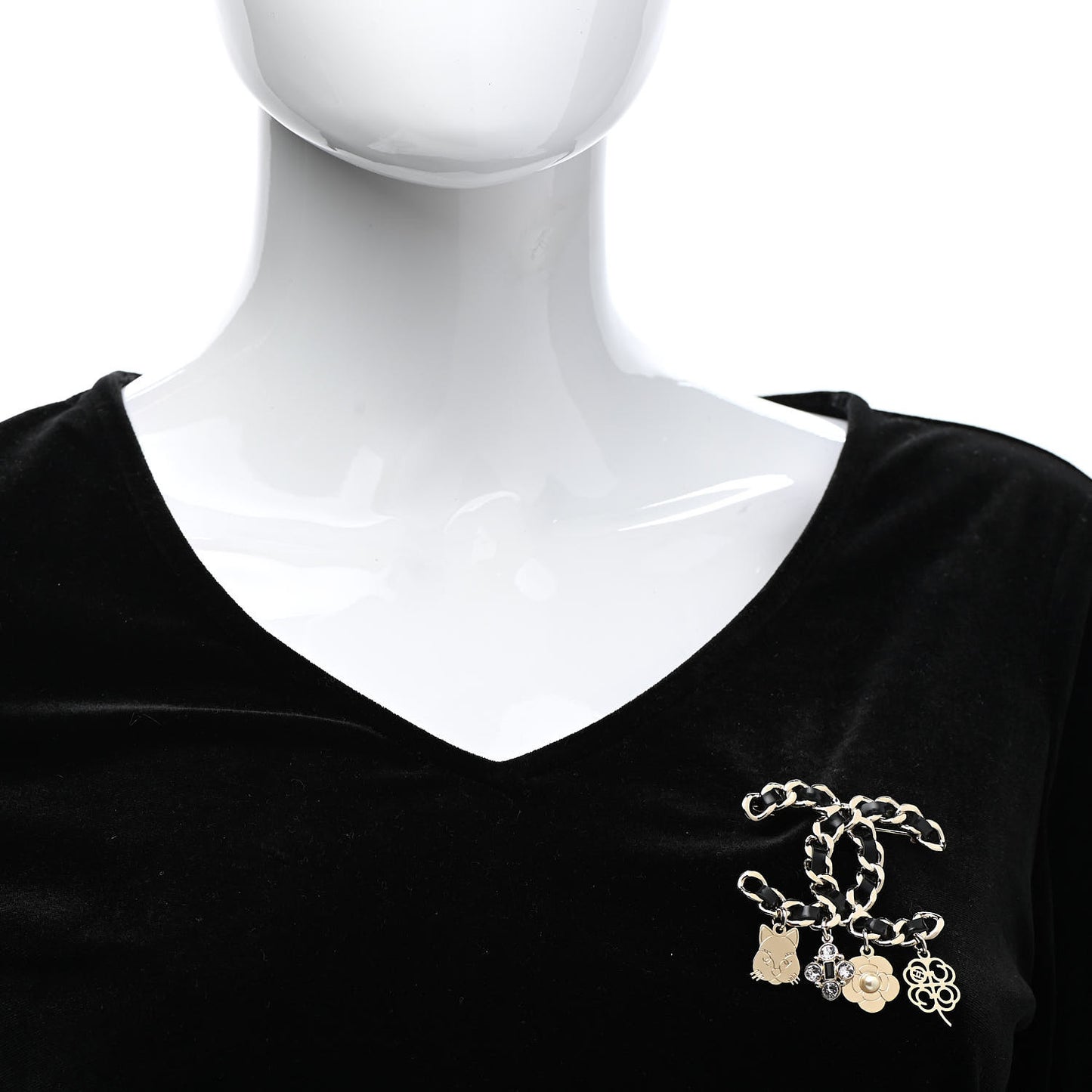 Lambskin Crystal Chain CC Charms Brooch Black Gold