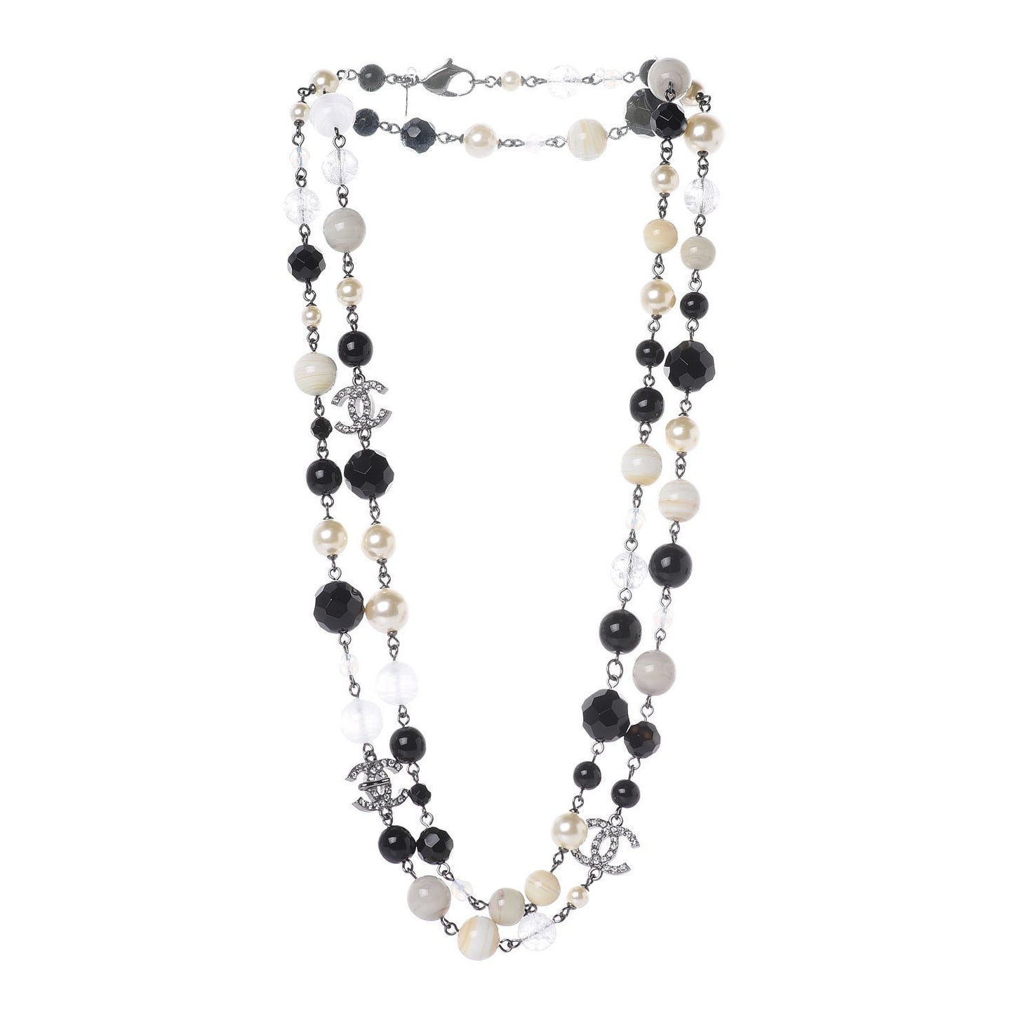 Pearl Crystal Bead CC Long Necklace Black