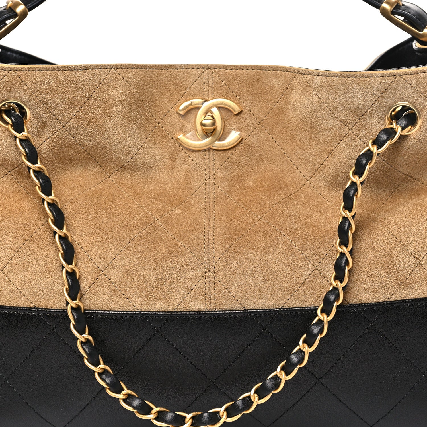 Chanel Suede Calfskin Shiny Lambskin Quilted Small Coco Base Shopping Bag Beige Black 8 of 11