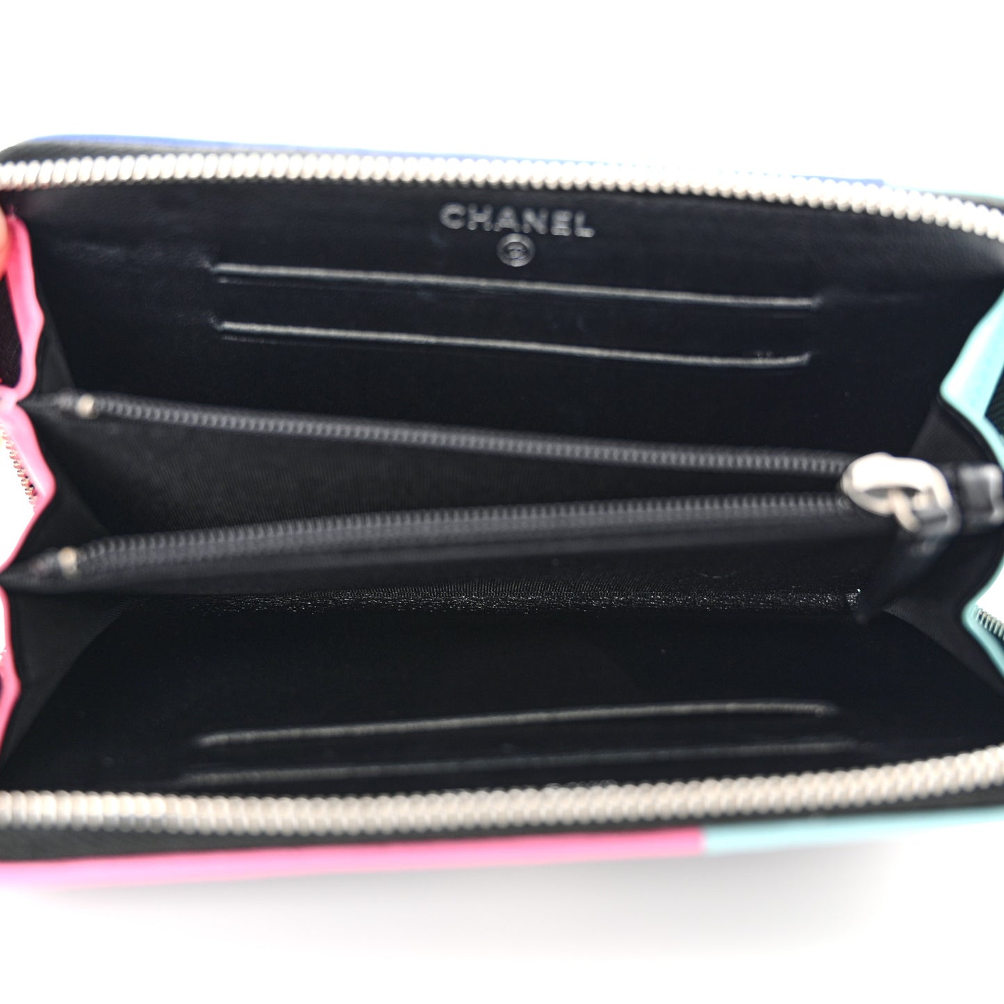 Lambskin Quilted Small Gusset Zip Around Wallet Black Pink Light Blue