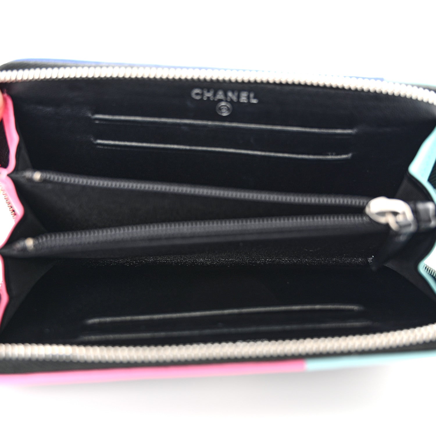 Chanel Lambskin Quilted Small Gusset Zip Around Wallet Black Pink Light Blue 5 of 9
