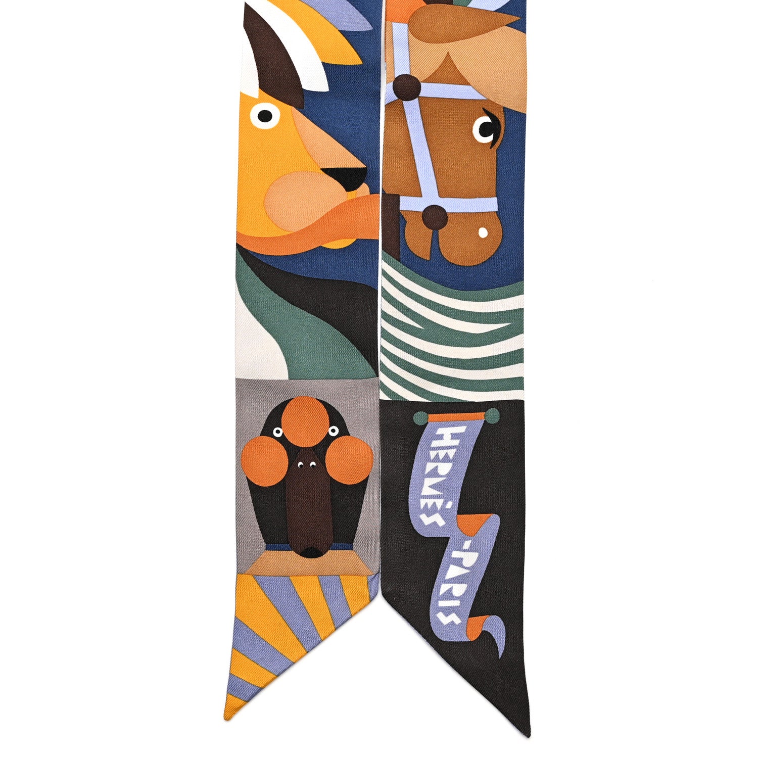 Hermes Silk Parade En Fanfare Twilly Brun Bleu Jean Vert 1821467