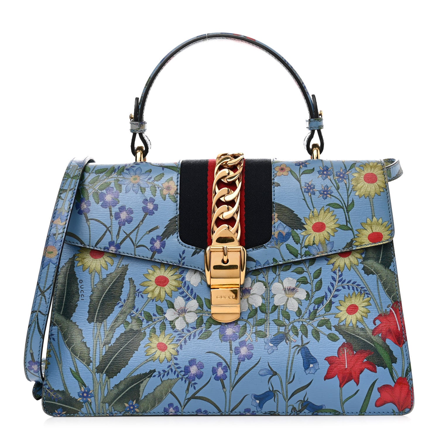 Gucci Calfskin New Flora Medium Sylvie Top Handle Bag Azure 1 of 20