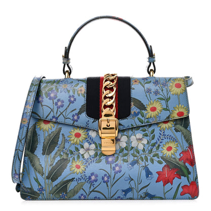 Gucci Calfskin New Flora Medium Sylvie Top Handle Bag Azure 1 of 20